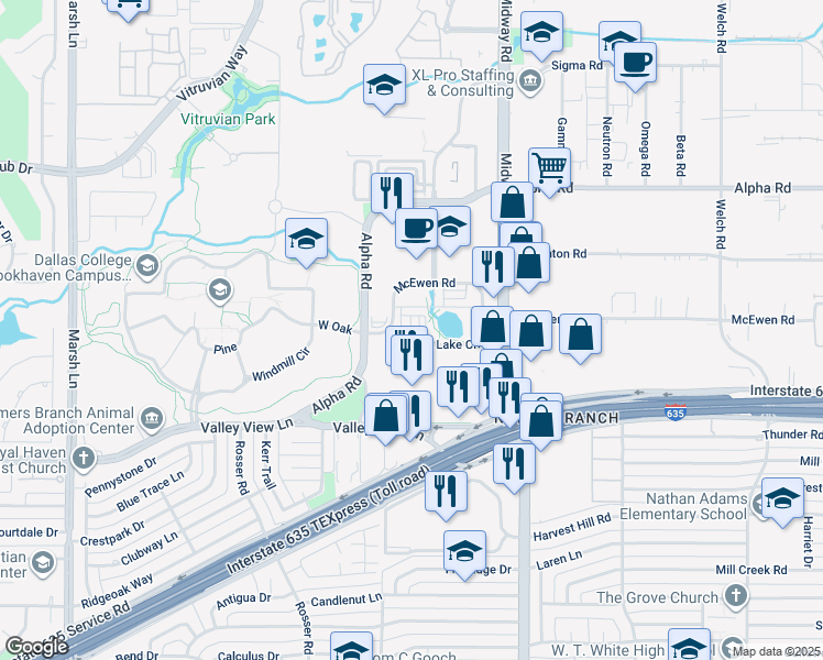 map of restaurants, bars, coffee shops, grocery stores, and more near 4020 McEwen Road in Dallas