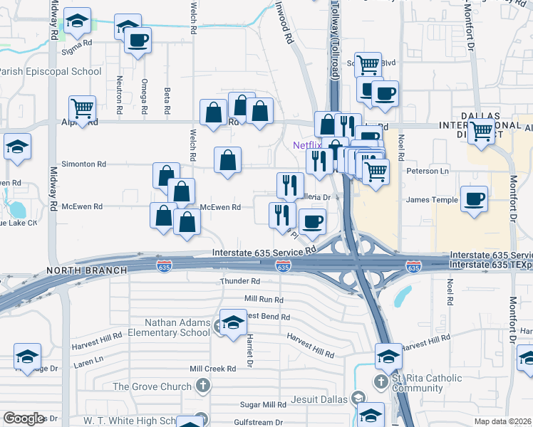 map of restaurants, bars, coffee shops, grocery stores, and more near 13301 Galleria Place in Farmers Branch