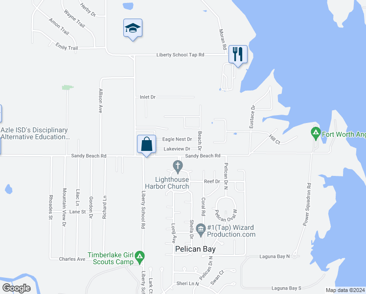 map of restaurants, bars, coffee shops, grocery stores, and more near 1501 Sandy Beach Road in Fort Worth