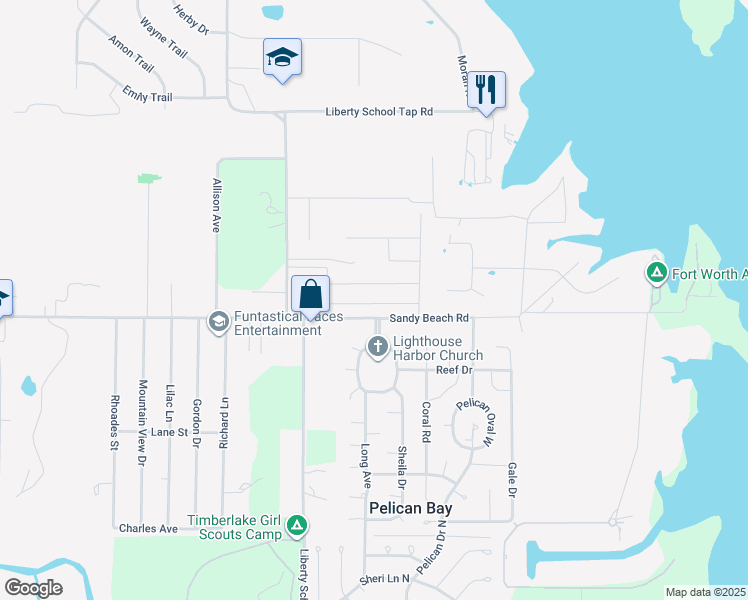 map of restaurants, bars, coffee shops, grocery stores, and more near 1425 Sandy Beach Road in Azle
