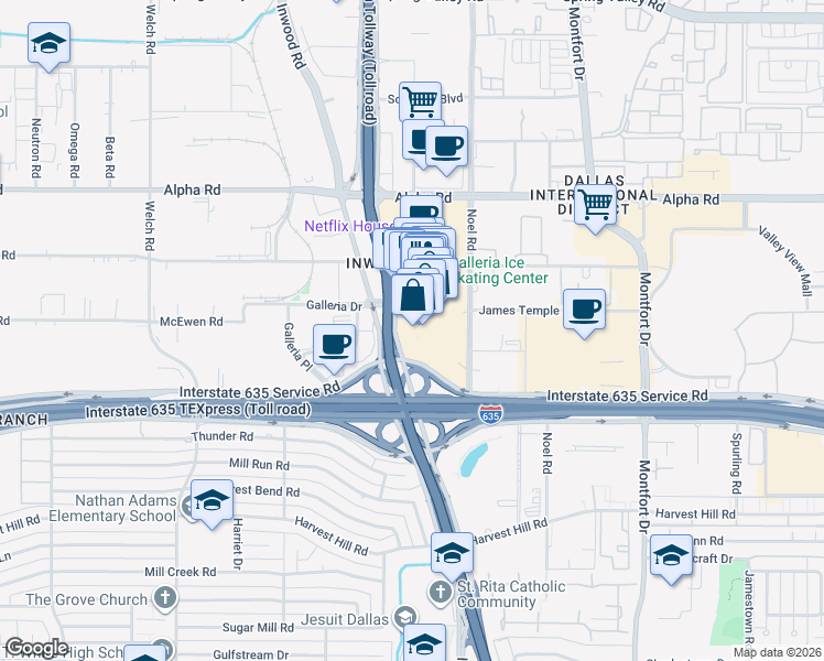 map of restaurants, bars, coffee shops, grocery stores, and more near 13350 Dallas Parkway in Dallas