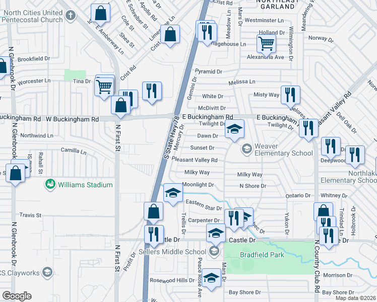 map of restaurants, bars, coffee shops, grocery stores, and more near 605 Pleasant Valley Road in Garland