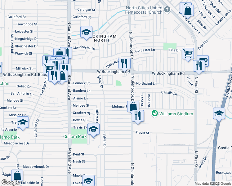 map of restaurants, bars, coffee shops, grocery stores, and more near 905 Alamo Lane in Garland