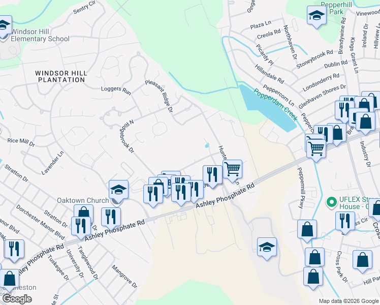 map of restaurants, bars, coffee shops, grocery stores, and more near 68 Peppertree Lane in Charleston