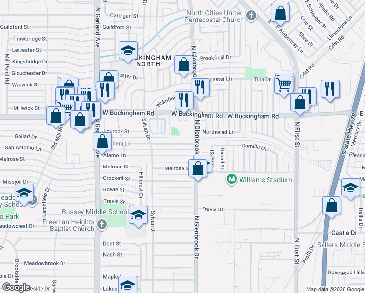 map of restaurants, bars, coffee shops, grocery stores, and more near 813 Alamo Lane in Garland