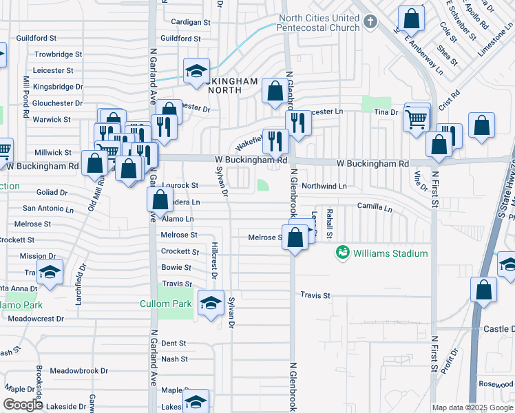 map of restaurants, bars, coffee shops, grocery stores, and more near 905 Alamo Lane in Garland
