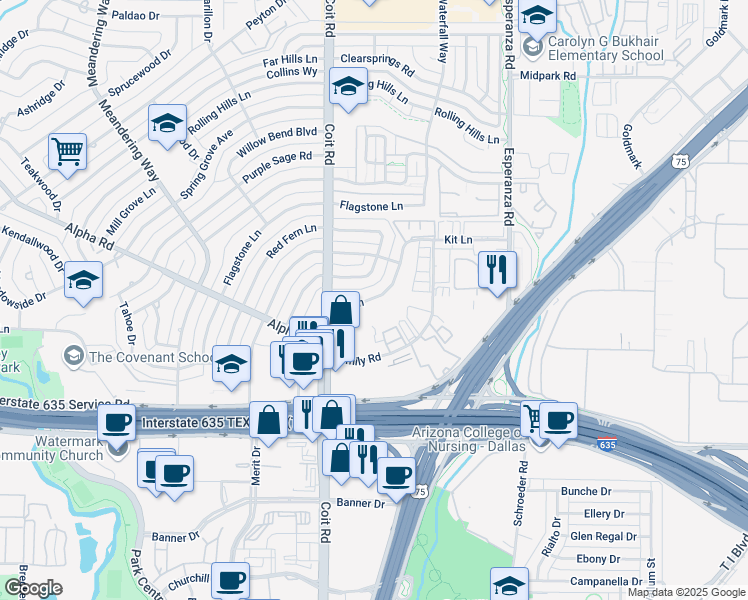 map of restaurants, bars, coffee shops, grocery stores, and more near 13254 Kit Lane in Dallas