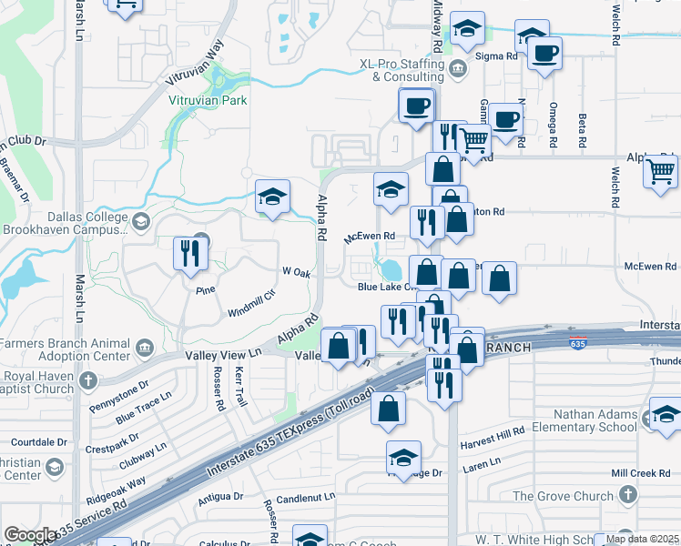 map of restaurants, bars, coffee shops, grocery stores, and more near 4141-4199 Blue Lake Cir in Farmers Branch