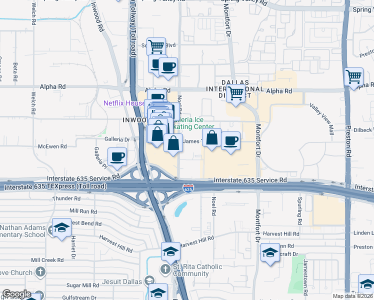 map of restaurants, bars, coffee shops, grocery stores, and more near 5327 Lyndon B Johnson Freeway in Dallas