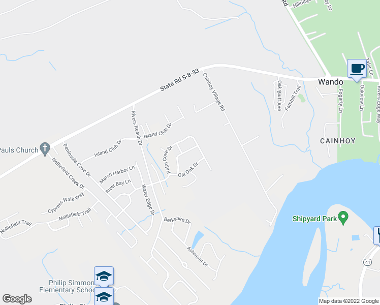 map of restaurants, bars, coffee shops, grocery stores, and more near 1240 Shadow Mist Lane in Charleston