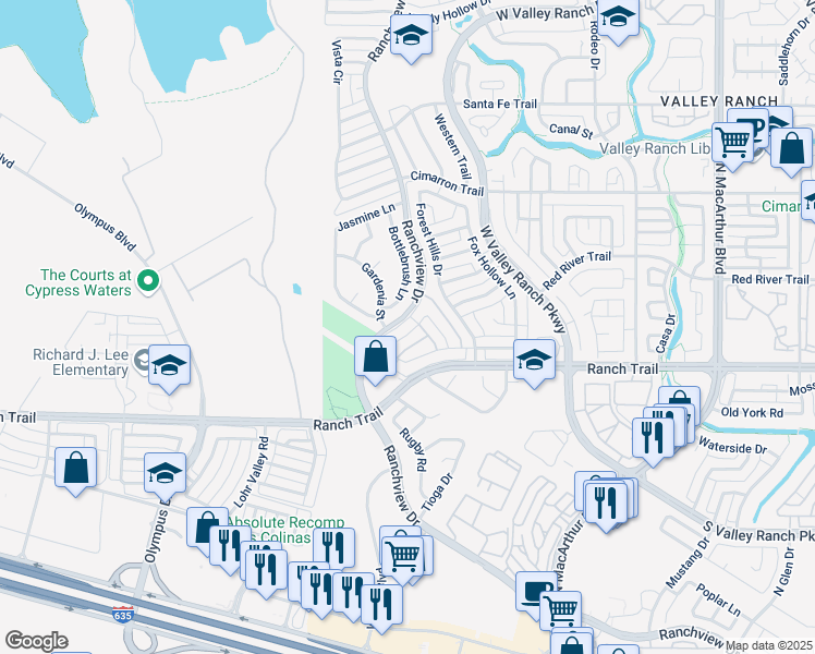 map of restaurants, bars, coffee shops, grocery stores, and more near 1220 Willowdale Lane in Irving