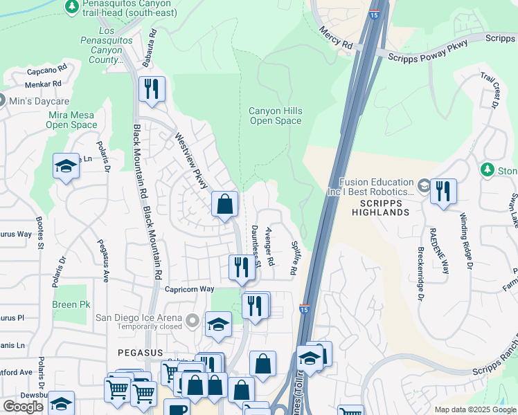 map of restaurants, bars, coffee shops, grocery stores, and more near 10010 Dauntless Street in San Diego