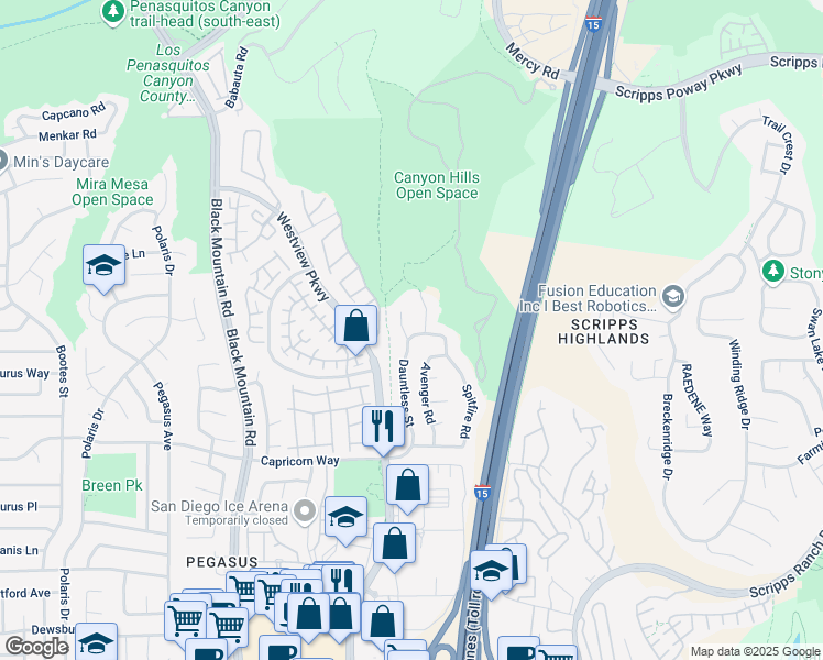 map of restaurants, bars, coffee shops, grocery stores, and more near 10010 Dauntless Street in San Diego