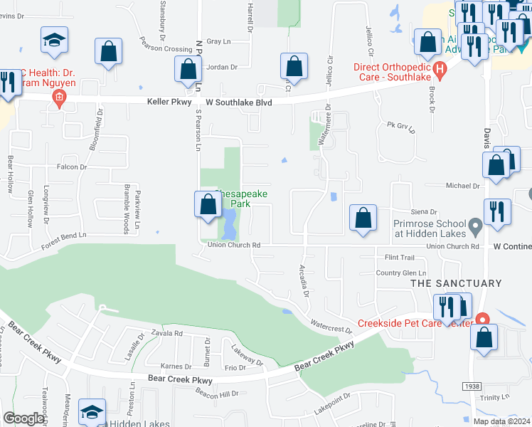 map of restaurants, bars, coffee shops, grocery stores, and more near 535 Chesapeake Lane in Southlake