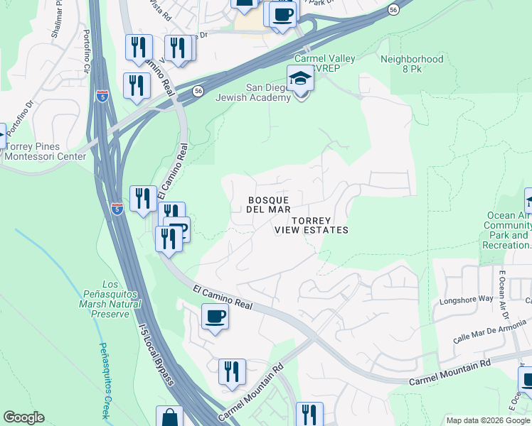 map of restaurants, bars, coffee shops, grocery stores, and more near 11651 Tierra Del Sur in San Diego