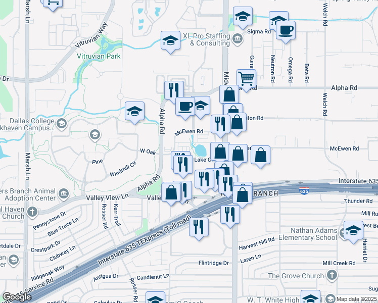 map of restaurants, bars, coffee shops, grocery stores, and more near 4020 McEwen Road in Dallas