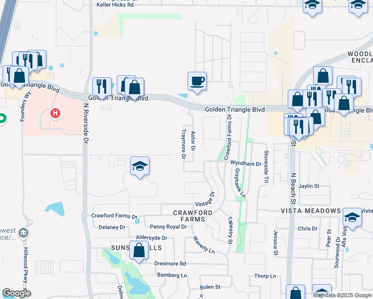 map of restaurants, bars, coffee shops, grocery stores, and more near 10609 Traymore Drive in Fort Worth