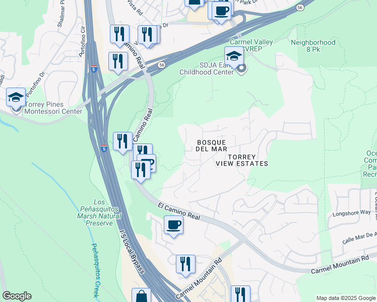 map of restaurants, bars, coffee shops, grocery stores, and more near 3854-56 Via del Mar in San Diego