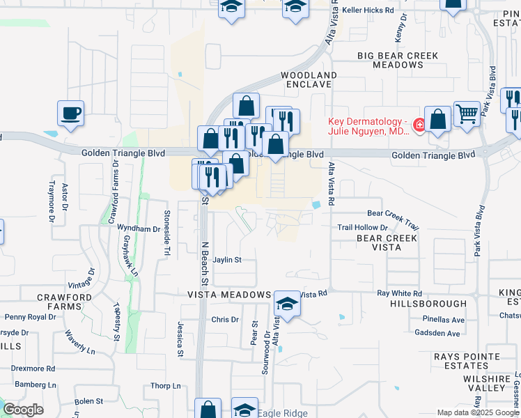 map of restaurants, bars, coffee shops, grocery stores, and more near 10612 Donnis Drive in Fort Worth