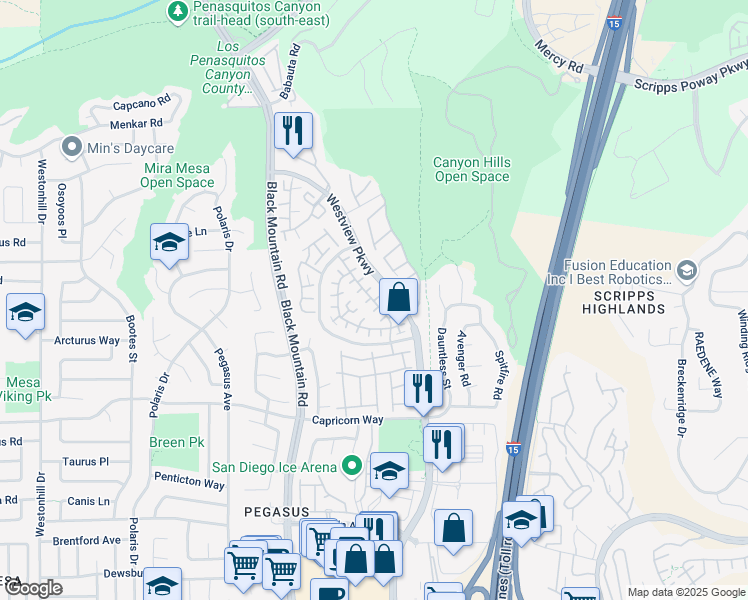 map of restaurants, bars, coffee shops, grocery stores, and more near 9472 Compass Point Drive South in San Diego