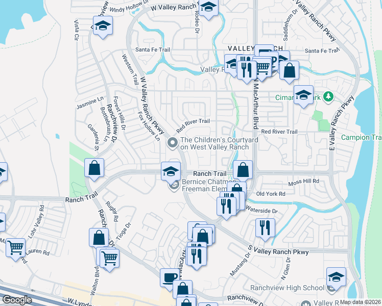 map of restaurants, bars, coffee shops, grocery stores, and more near 8821 Rodeo Drive in Irving