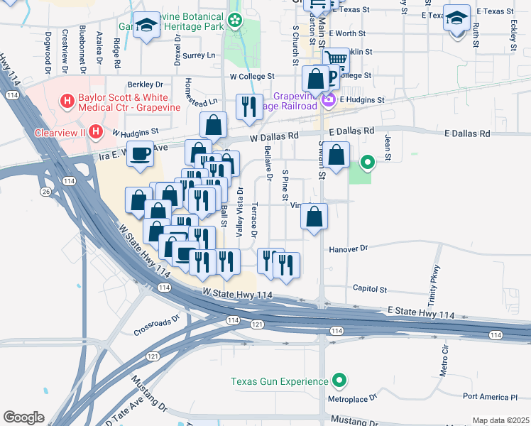 map of restaurants, bars, coffee shops, grocery stores, and more near 1221 Bellaire Drive in Grapevine