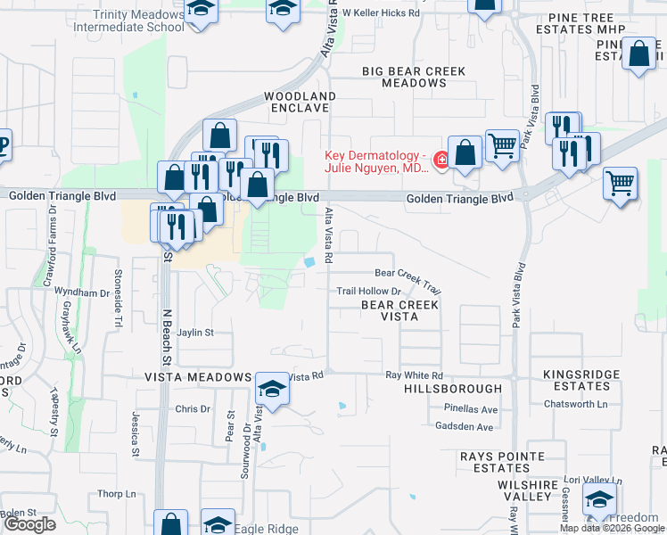 map of restaurants, bars, coffee shops, grocery stores, and more near 10549 Bear Creek Trail in Fort Worth