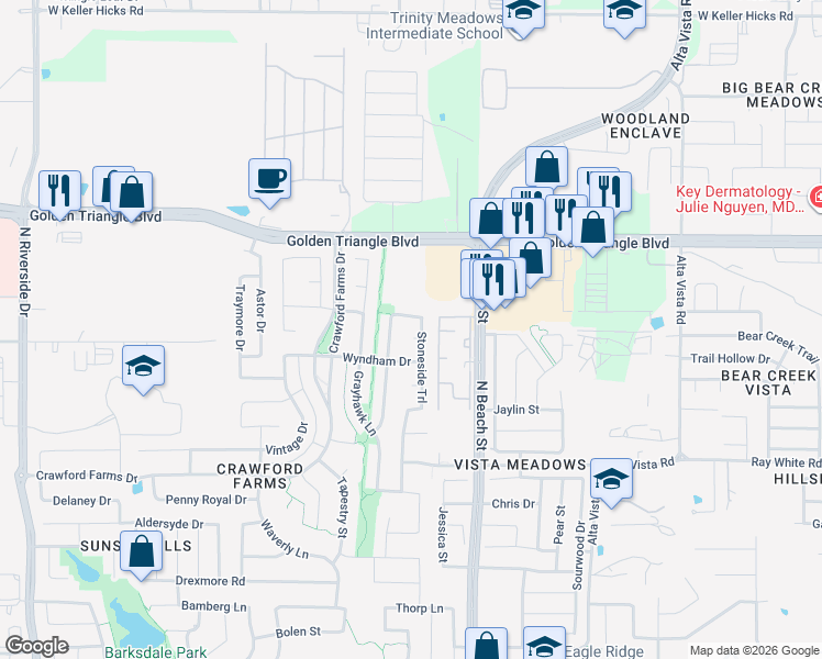 map of restaurants, bars, coffee shops, grocery stores, and more near 10608 StonesideTrail in Fort Worth