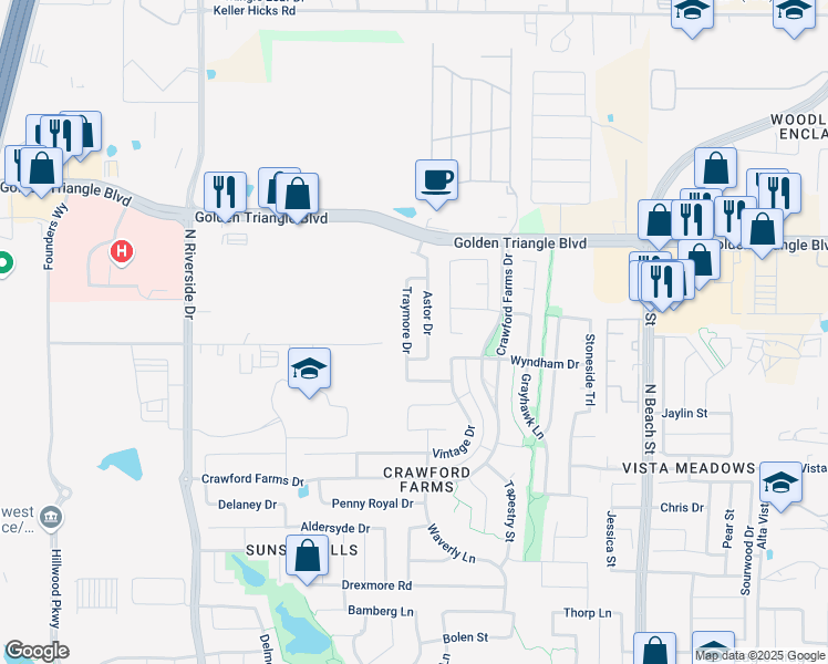 map of restaurants, bars, coffee shops, grocery stores, and more near 10609 Traymore Drive in Fort Worth