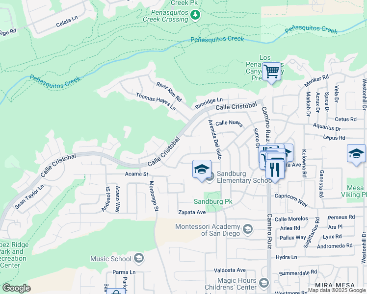 map of restaurants, bars, coffee shops, grocery stores, and more near 8022 Santa Arminta Avenue in San Diego