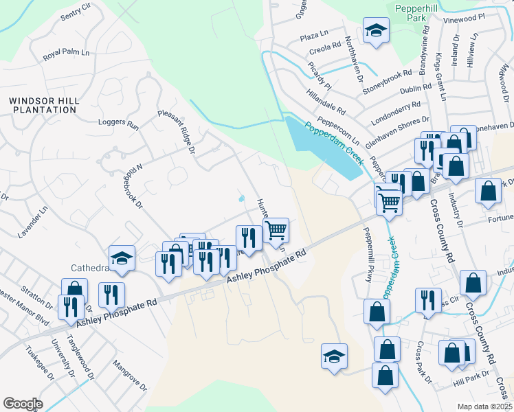 map of restaurants, bars, coffee shops, grocery stores, and more near 46 Peppertree Lane in Charleston