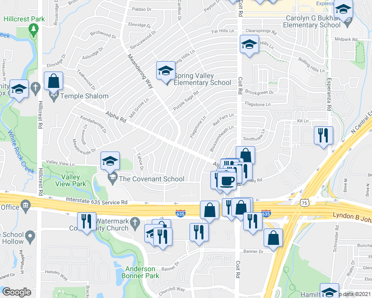 map of restaurants, bars, coffee shops, grocery stores, and more near Alpha Road & Flagstone Lane in Dallas