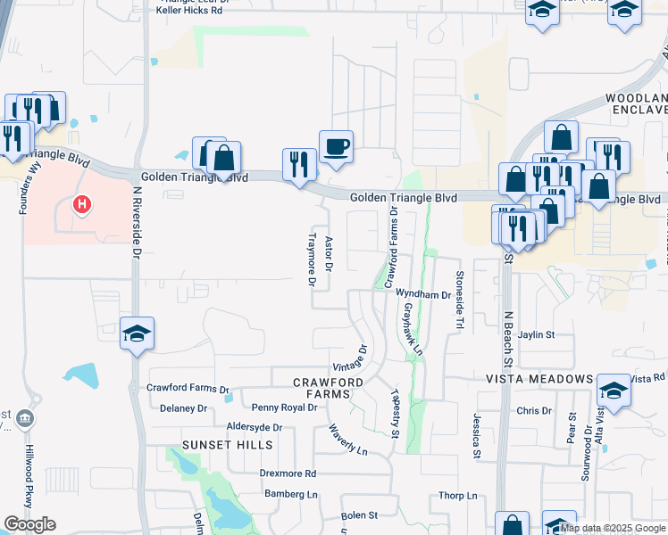 map of restaurants, bars, coffee shops, grocery stores, and more near 10608 Astor Drive in Fort Worth