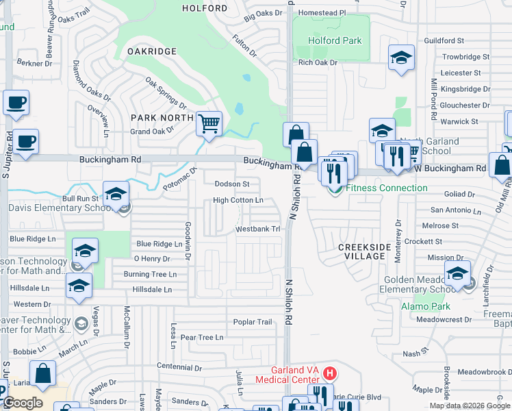 map of restaurants, bars, coffee shops, grocery stores, and more near 1426 High Cotton Lane in Garland