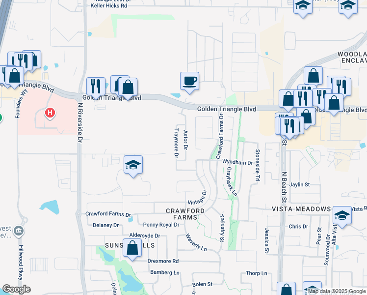 map of restaurants, bars, coffee shops, grocery stores, and more near 10637 Astor Drive in Fort Worth