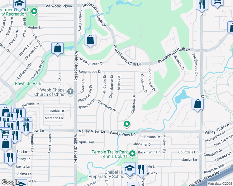 map of restaurants, bars, coffee shops, grocery stores, and more near 13459 Shahan Drive in Farmers Branch