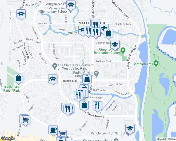 map of restaurants, bars, coffee shops, grocery stores, and more near 519 Ranch Trail in Irving
