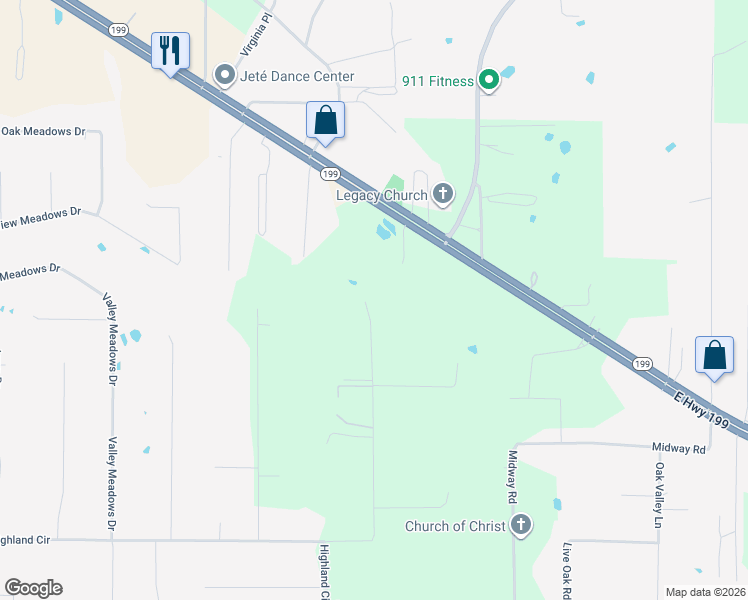 map of restaurants, bars, coffee shops, grocery stores, and more near 330 Pine Bluff Lane in Springtown