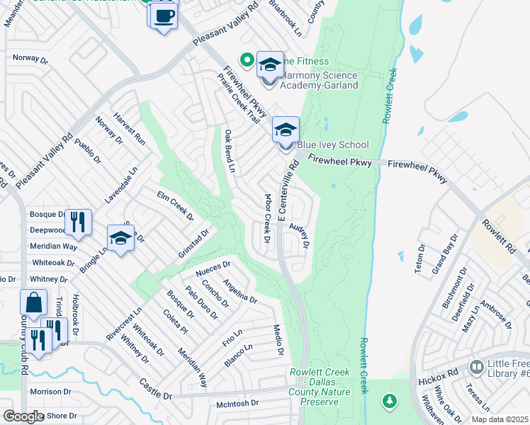 map of restaurants, bars, coffee shops, grocery stores, and more near 1701 Oak Bend Lane in Garland