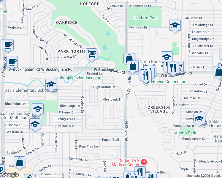 map of restaurants, bars, coffee shops, grocery stores, and more near 1426 High Cotton Lane in Garland