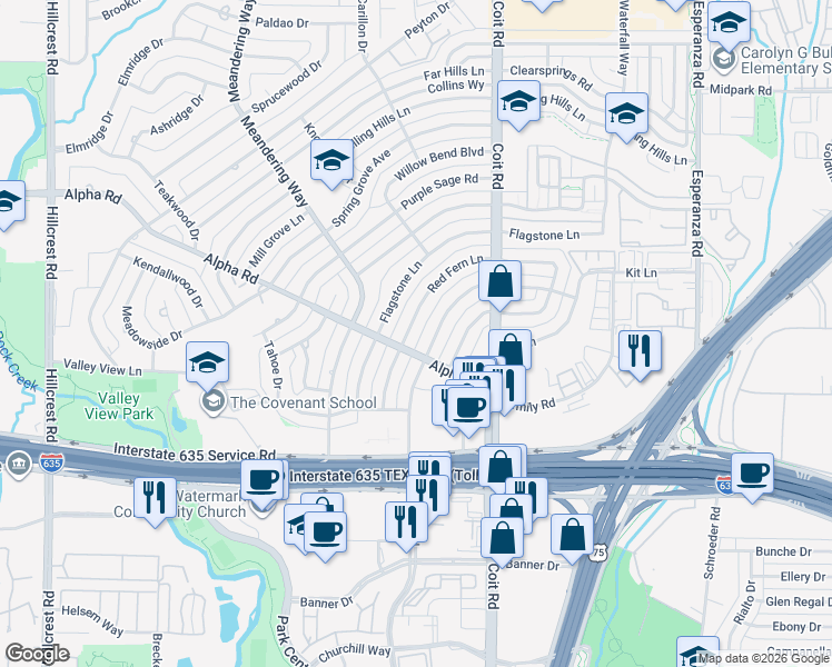 map of restaurants, bars, coffee shops, grocery stores, and more near 13150 Red Fern Lane in Dallas