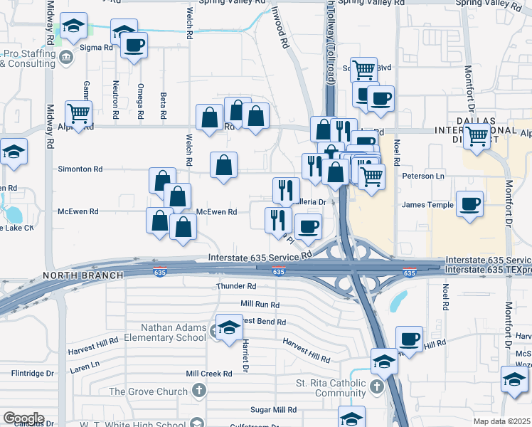 map of restaurants, bars, coffee shops, grocery stores, and more near 13301 Galleria Place in Farmers Branch