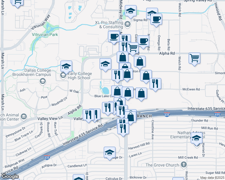 map of restaurants, bars, coffee shops, grocery stores, and more near in Farmers Branch