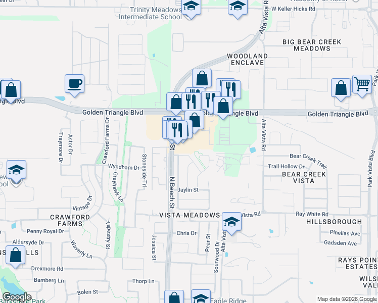map of restaurants, bars, coffee shops, grocery stores, and more near 10520 Jaybird Drive in Fort Worth