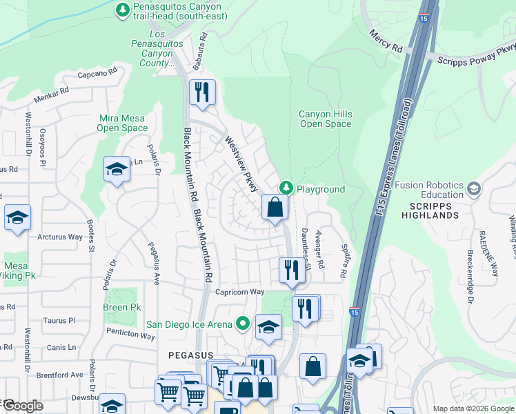 map of restaurants, bars, coffee shops, grocery stores, and more near 9570 Compass Point Drive South in San Diego