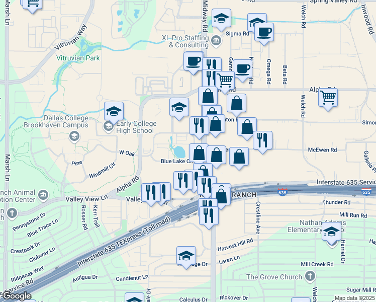 map of restaurants, bars, coffee shops, grocery stores, and more near 4141 Blue Lake Circle in Dallas