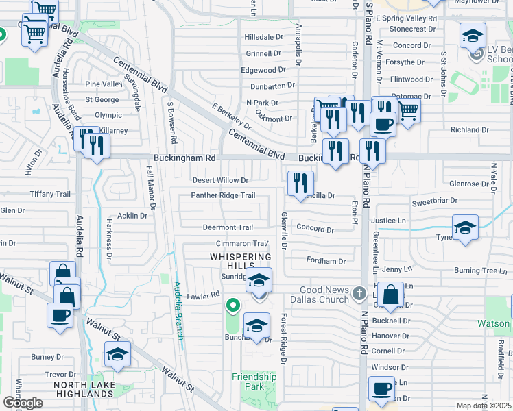 map of restaurants, bars, coffee shops, grocery stores, and more near 13207 Deer Run Trail in Dallas
