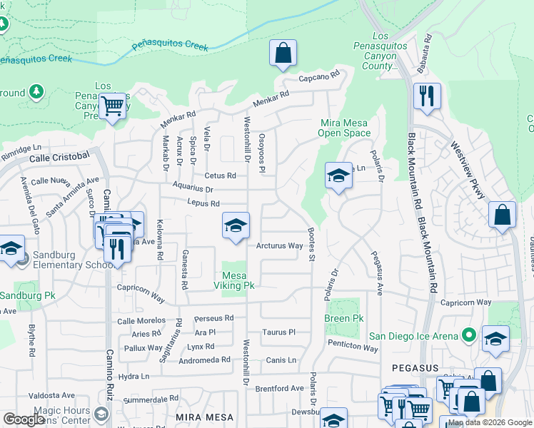 map of restaurants, bars, coffee shops, grocery stores, and more near 8818 Keremeos Way in San Diego