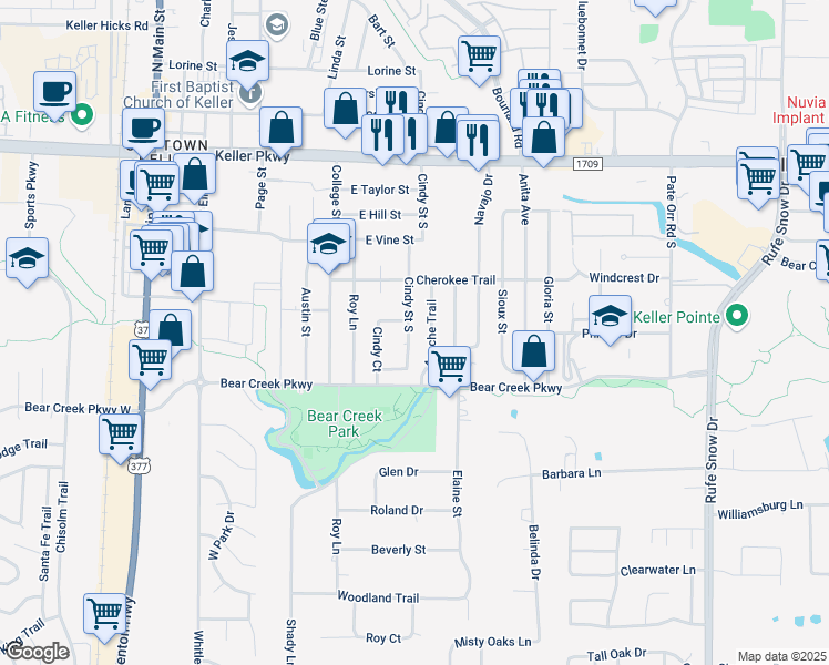 map of restaurants, bars, coffee shops, grocery stores, and more near 340 Cindy Street South in Keller
