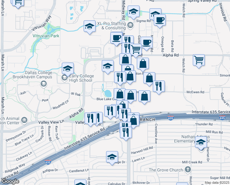 map of restaurants, bars, coffee shops, grocery stores, and more near 4141 Blue Lake Circle in Dallas